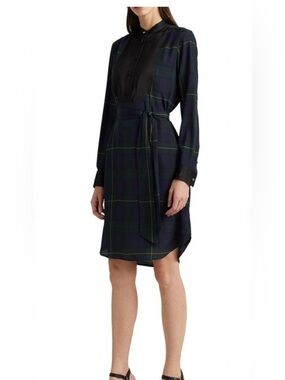 Ralph Lauren Navy Green Plaid Long-Sleeve Shirt Dress